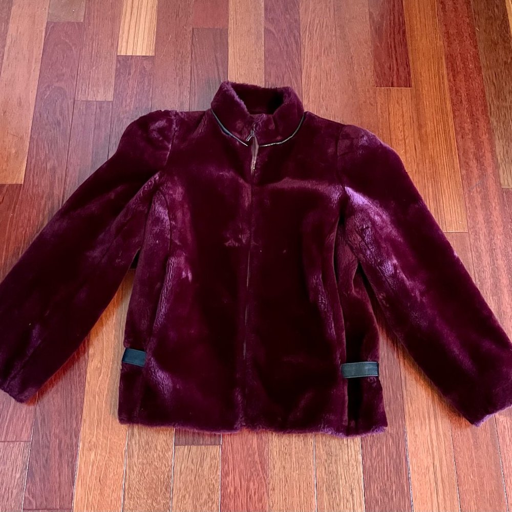 Vintage Sasson Junior 11 Aubergine Faux Fur Coat with Leather Adjustable Wasit